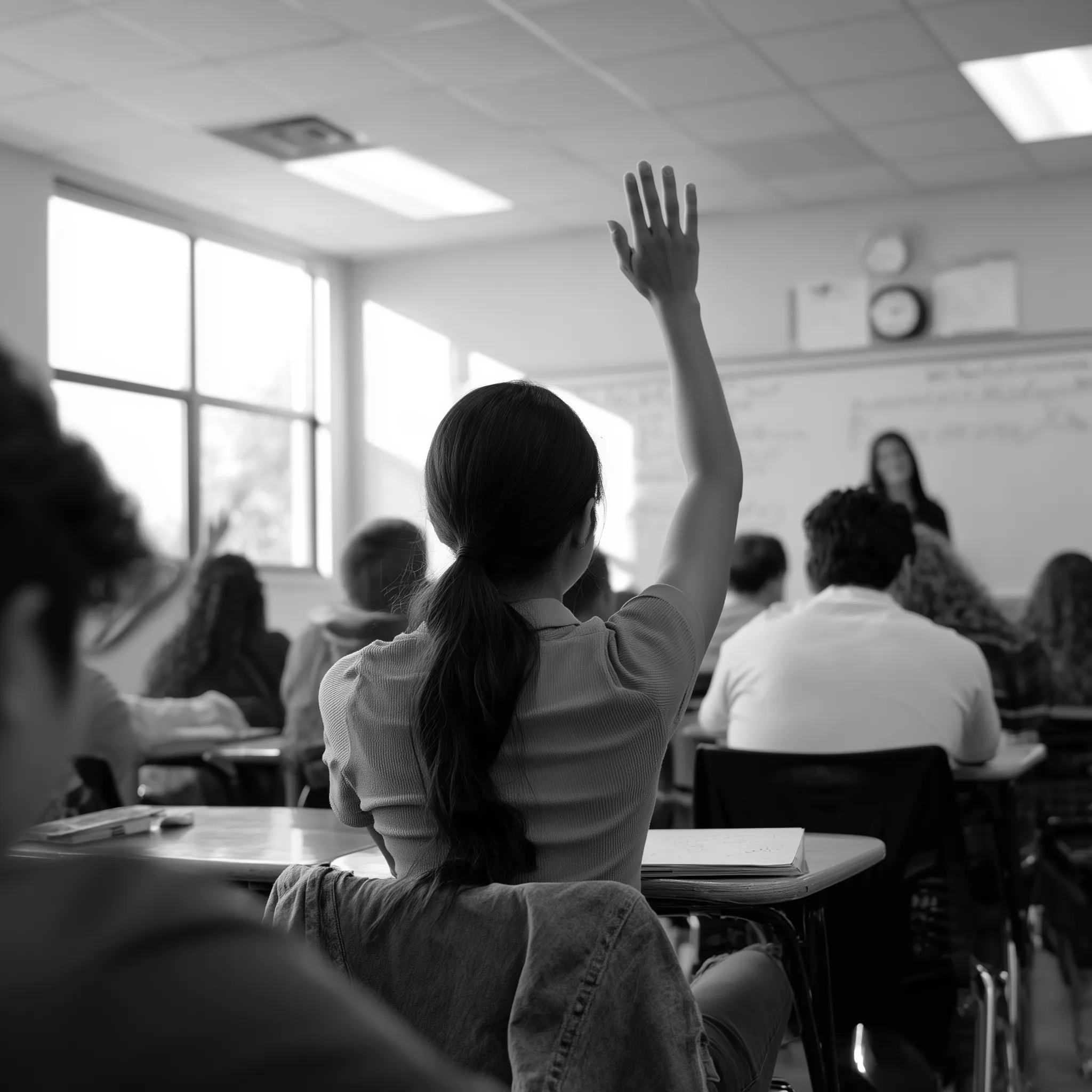 Student raising hand in classroom